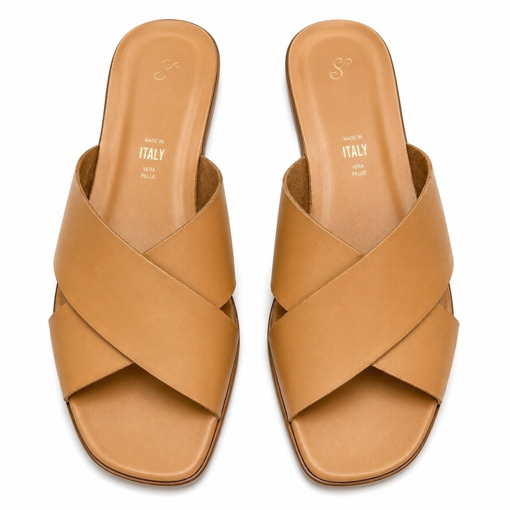 Seychelles Women Leather Slide Sandals Tan Made in Italy Criss Cross Flat Size 8